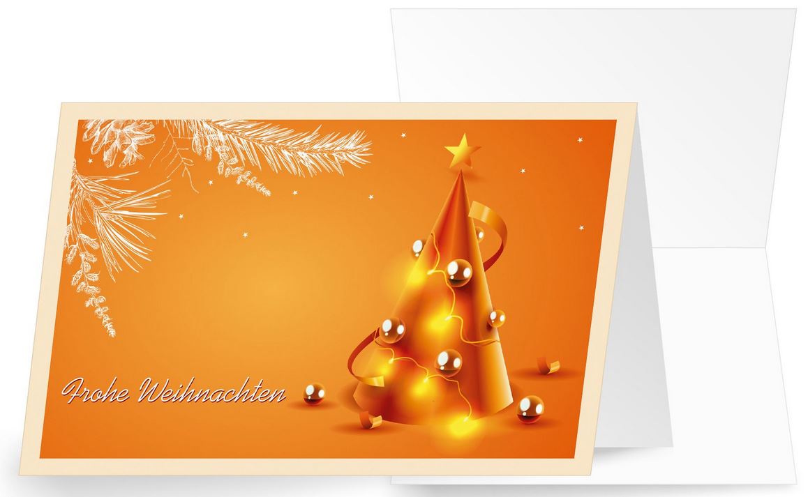 Orangefarbene Weihnachtskarte mit Weihnachtsbaum, Lichterkette, Kugeln und "Frohe Weihnachten"