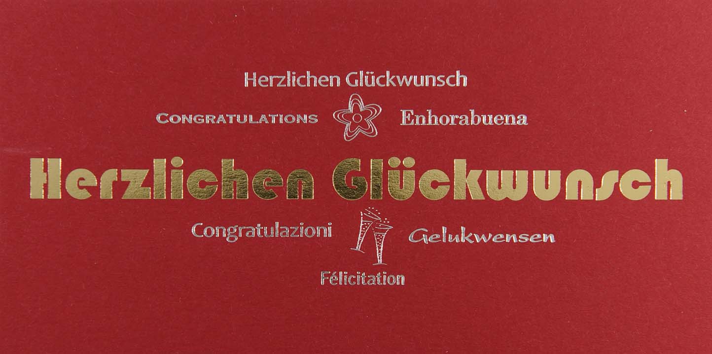 Mehrsprachige Glückwunschkarte in rot mit zwei Sektgläsern, silbernen und goldenen Glückwünschen, inkl. Einleger.