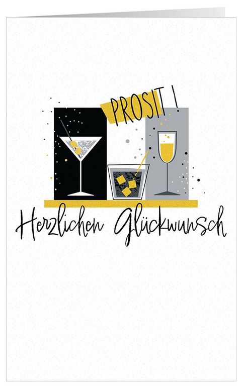 Glückwunschkarte für Jubiläen und andere Anlässe mit "Prosit! - Herzlichen Glückwunsch" und Gläsern