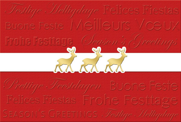 Mehrsprachige Weihnachtskarte in rot mit Banderole und Hirschen in Goldfolienprägung