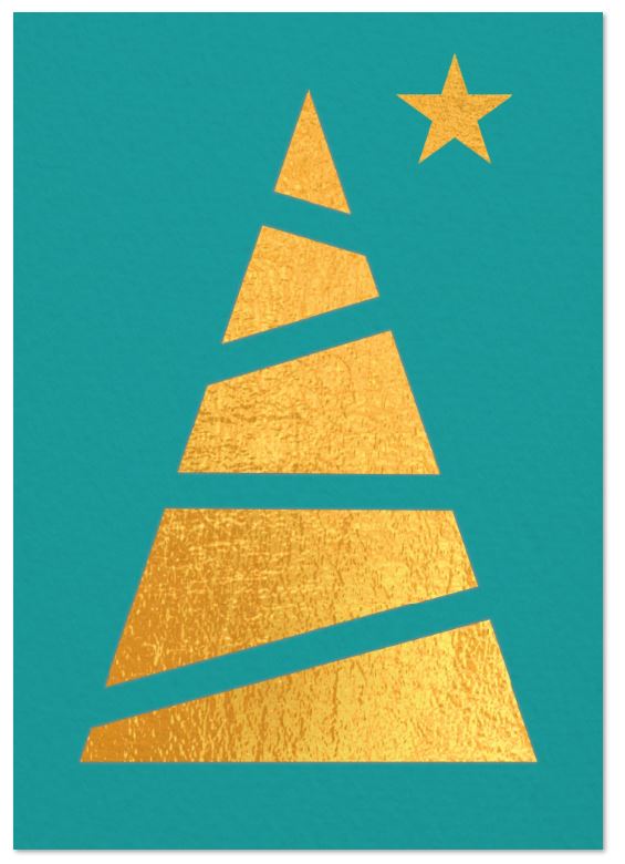 Türkisfarbene Weihnachtskarte mit Goldfolienprägung von Baum und Stern, inkl. Einlegeblatt in weiß