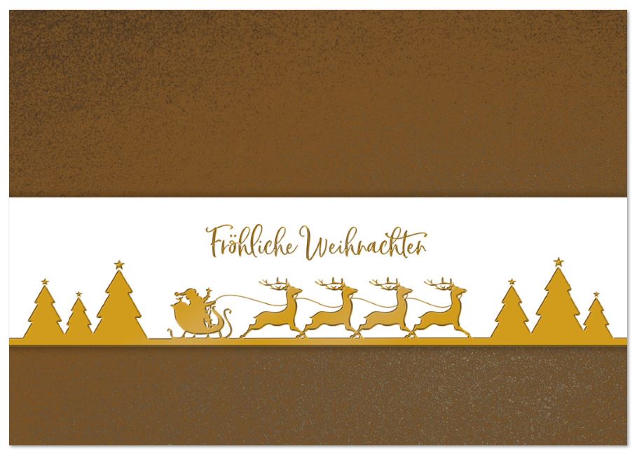 Edle Weihnachtskarte in bronzefarben mit befestigem Banderolenstreifen, Goldprägung