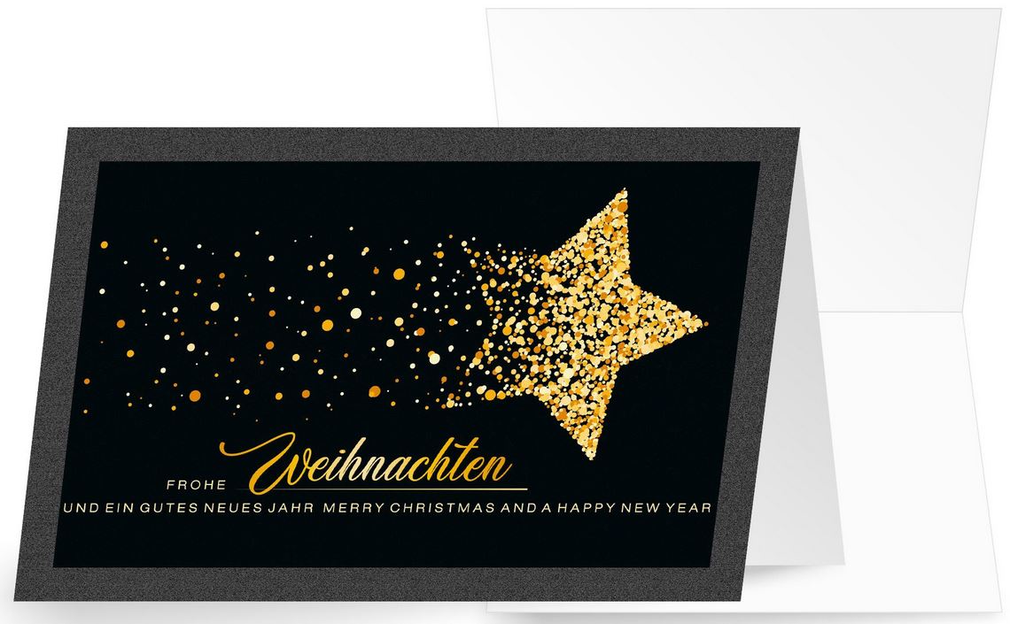 Elegante Weihnachtskarte in schwarz mit goldenem Stern und deutsch-englischem Gruß