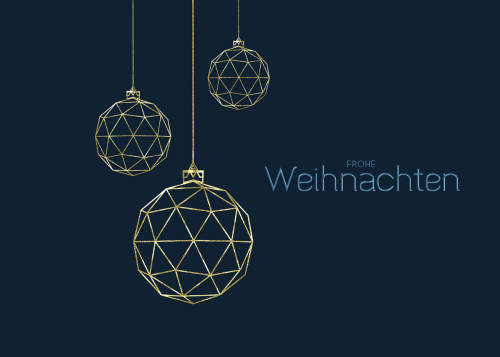 Blaue Weihnachtskarte mit Einlegeblatt, hängenden Christbaumkugeln und  "Frohe Weihnachten"