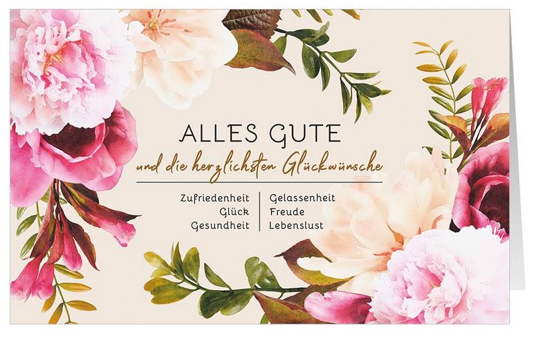 Blumige Glückwunschkarte "Alles Gute und die herzlichsten Glückwünsche" mit positiven Schlagworten