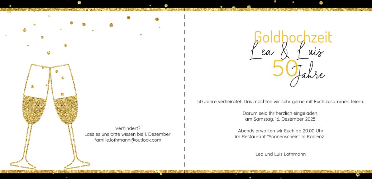 Innenseitendruck Gestaltungsvorschlag mit goldenen Champagnergläsern und Mustertext zur Goldhochzeit