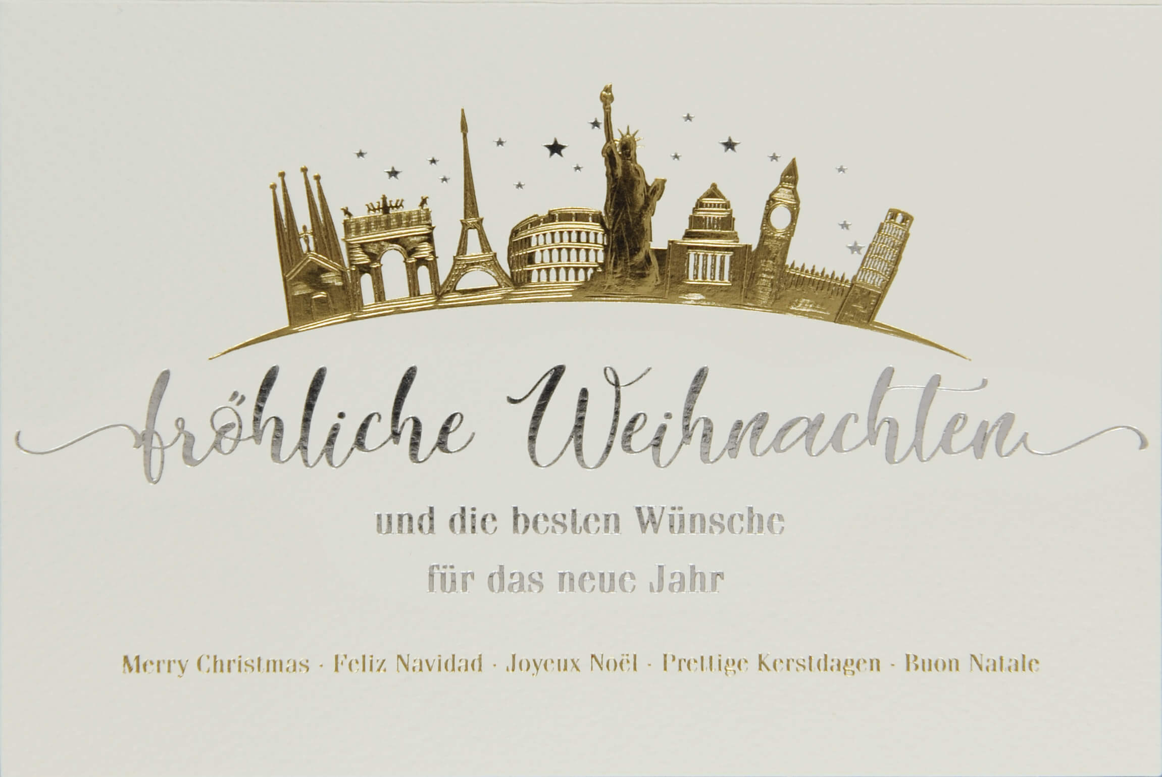 Internationale Weihnachtskarte mit Weihnachtsgrüßen und Sehenswürdigkeiten aus mehreren Ländern