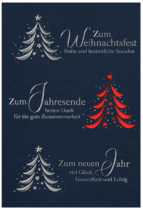 Firmen-Weihnachtskarte in blau mit Laserstanzung, Silberfoliendruck und Einleger in rot