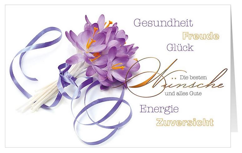 Blumige Glückwunschkarte mit Frühlingskrokussen und Glückwünschen sowie positiven Worten