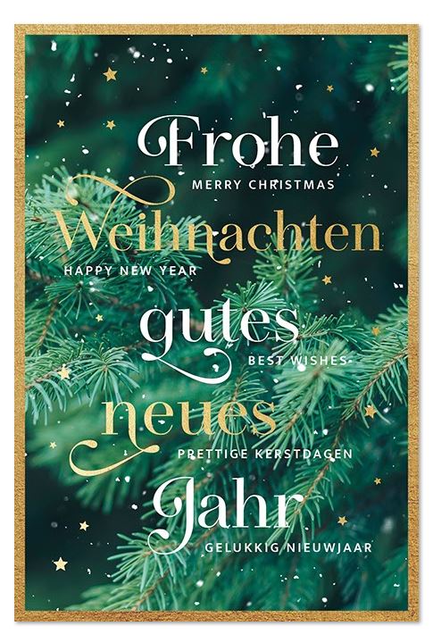 Festliche Charity-Weihnachtskarte mit internationalen Grüßen und Gutem Zweck: Deutscher Kinderschutzbund e.V.