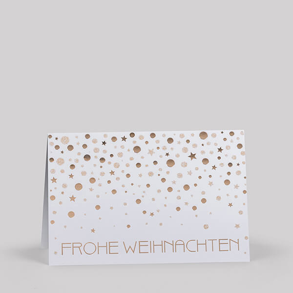 Weiße Weihnachtskarte mit goldenen Sternen, Punkten und "Frohe Weihnachten"