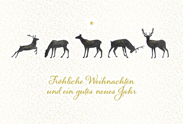 Weiße Weihnachtskarte mit Hirschen und Rehen sowie Weihnachtsgruß in edler Goldprägung