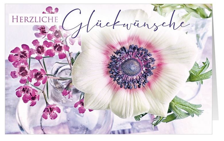 Florale Glückwunschkarte mit "Herzliche Glückwünsche" und Blüten als Klappkarte im Querformat