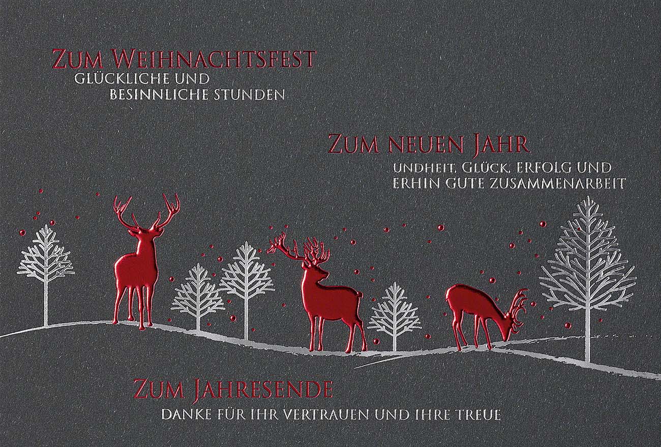 Graue Weihnachtskarte mit geschäftlichen Weihnachtsgrüßen, roten Hirschen und Einleger