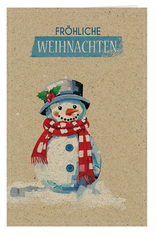 Winterliche Weihnachtskarte aus Graspapier "Fröhliche Weihnachten" mit putzigem Schneemann