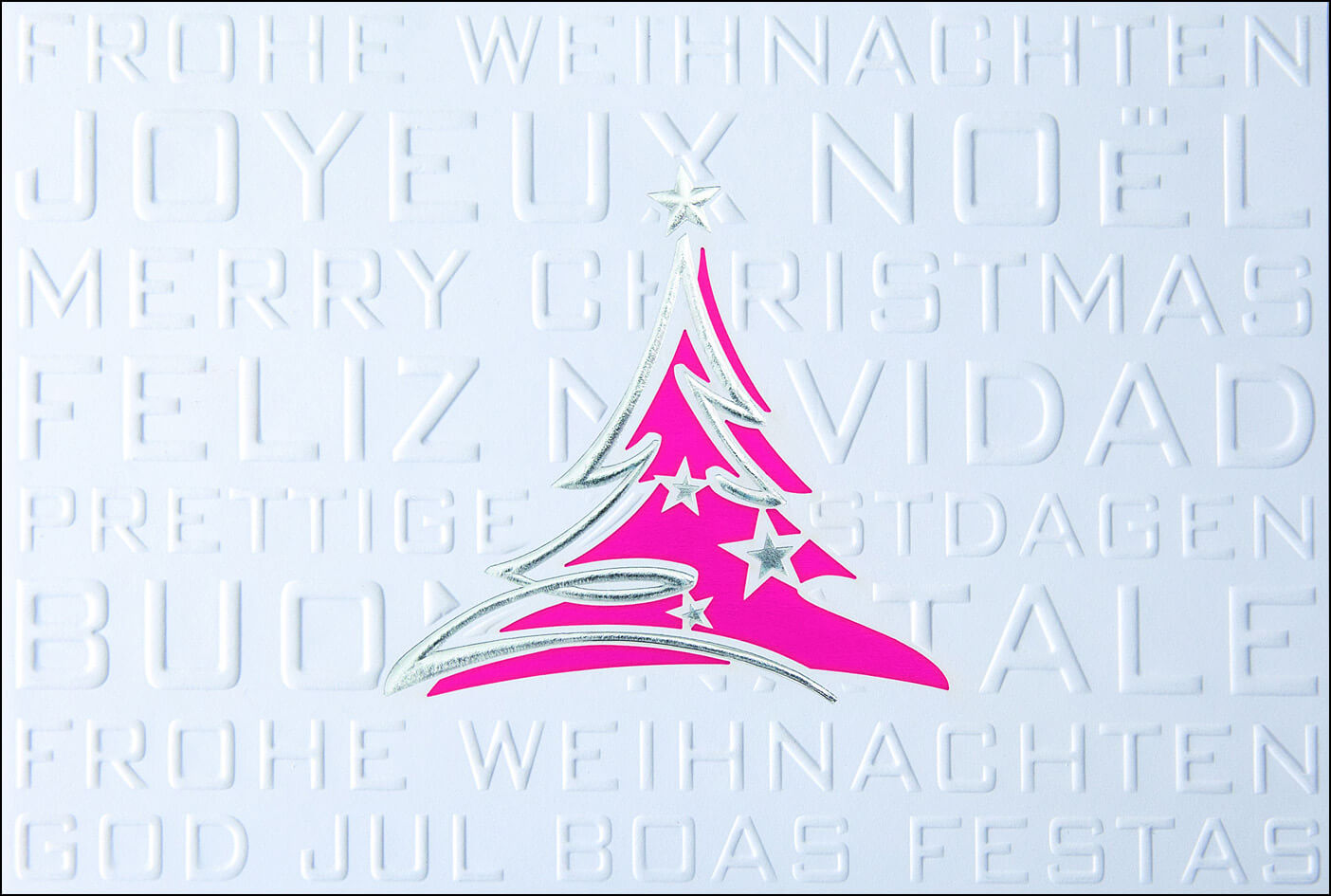 Weiße Weihnachtskarte mit internationalen Weihnachtsgrüßen und Weihnachtsbaum - Einleger magenta