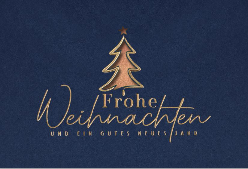 Dunkelblaue Weihnachtskarte mit Laserstanzung Baum, Goldfolienprägung und Einleger in kupfer