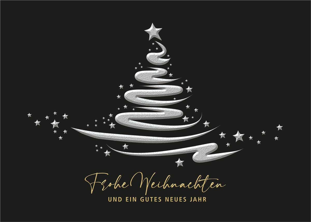 Exklusive Weihnachtskarte in schwarz mit Silber- und Goldveredelung, inkl. Einlegeblatt innen