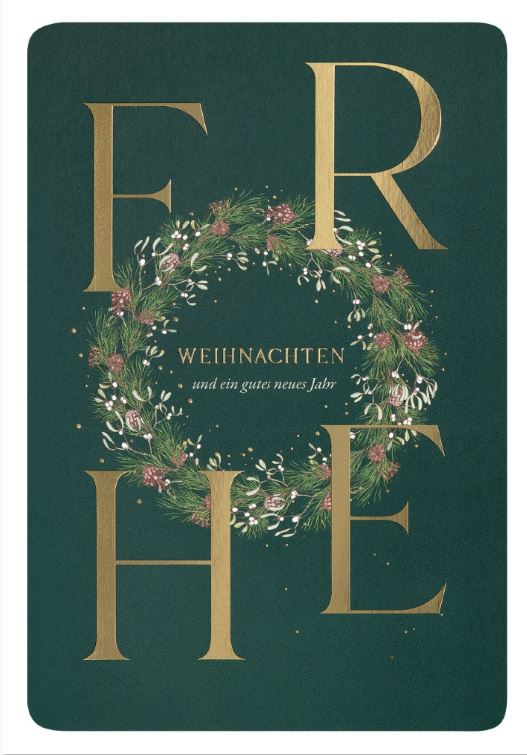 Grüne Weihnachtskarte im edlen Design mit Goldfolienprägung und Blumenkranz