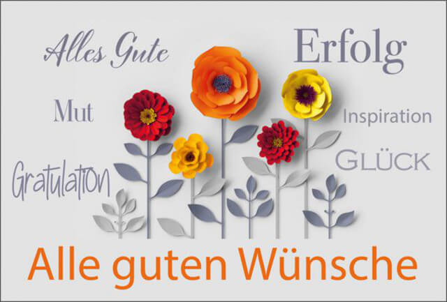 Firmen-Glückwunschkarte mit Blumen und Schlagworten wie Erfolg, Mut, Inspiration und Alles Gute