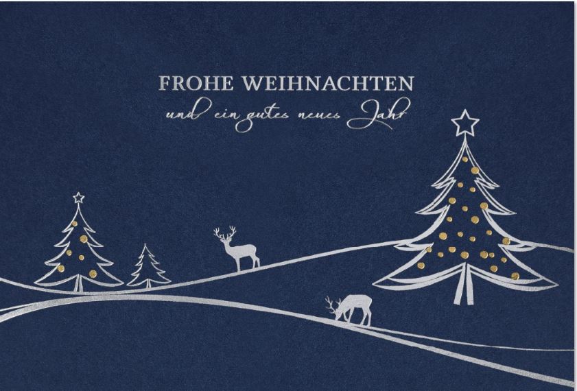 Weihnachtskarte in dunkelblau mit Folienprägung in gold und silber sowie weißem Einleger innen