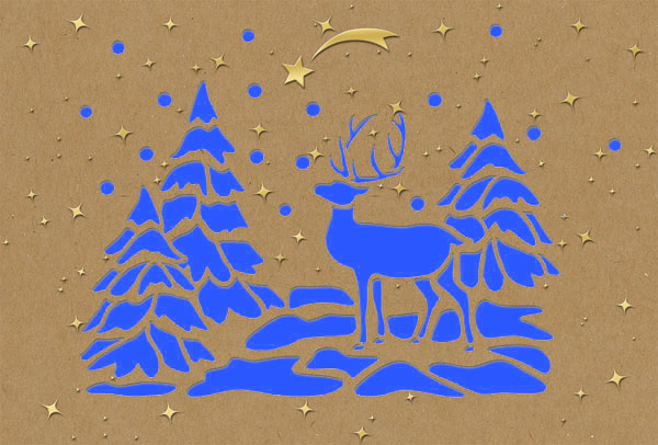 Naturbraune Weihnachtskarte mit blauem Einlegeblatt als Laserkarte mit Goldfolienprägung