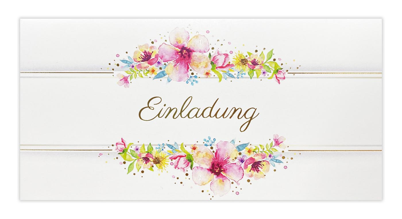 Weiße Einladungskarte im DIN lang Format mit Aquarellblumen für Geburtstag oder andere festliche Anlässe.