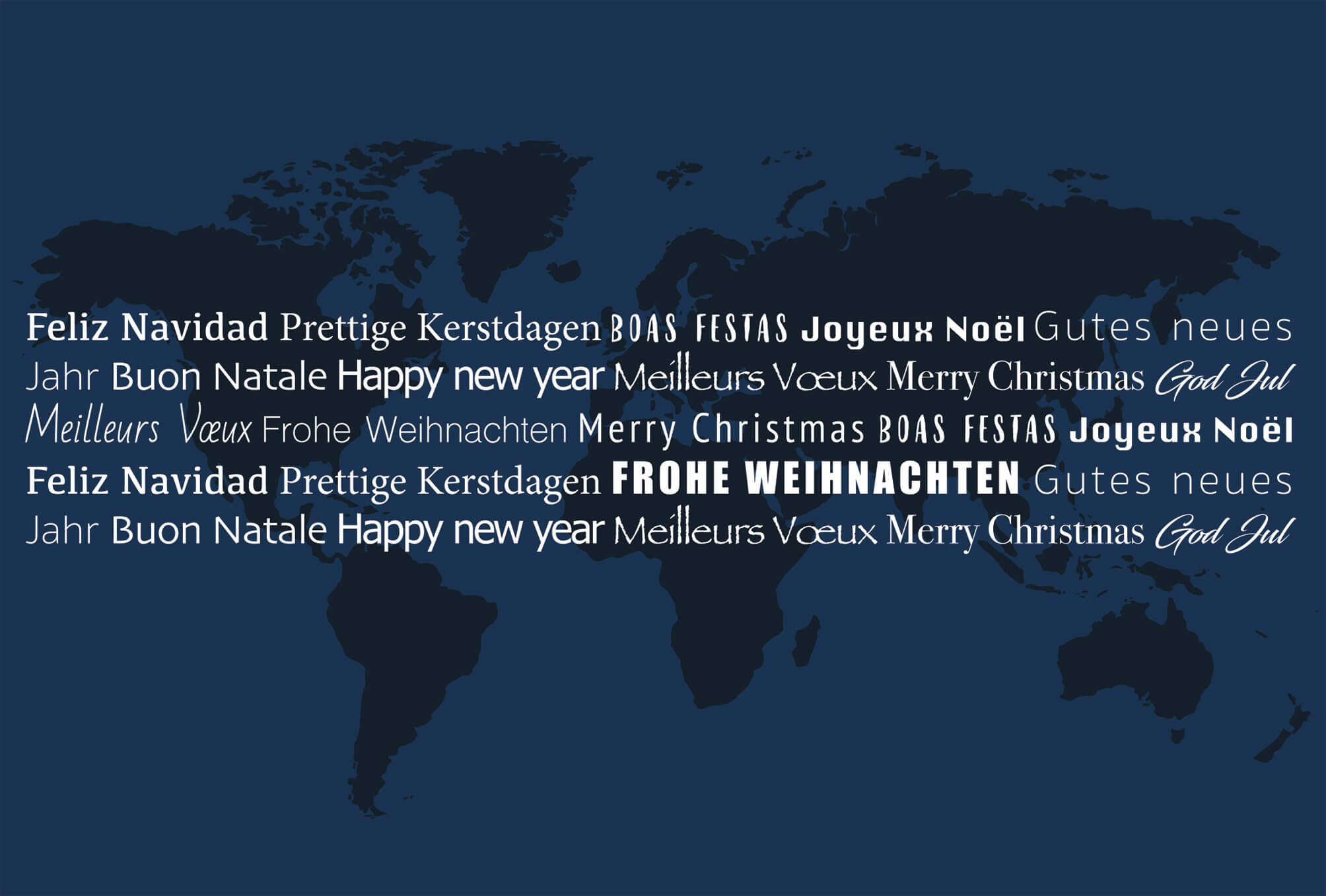 Dunkelblaue Weihnachtskarte mit internationalen Weihnachtsgrüßen und Weltkarte