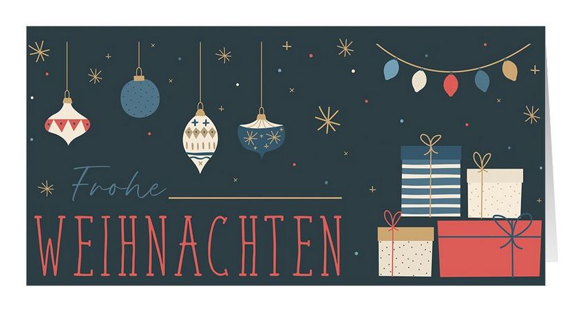 Blaue Weihnachtskarte DIN lang mit bunten Geschenken, einer Lichterkette, Gruß und Kugeln