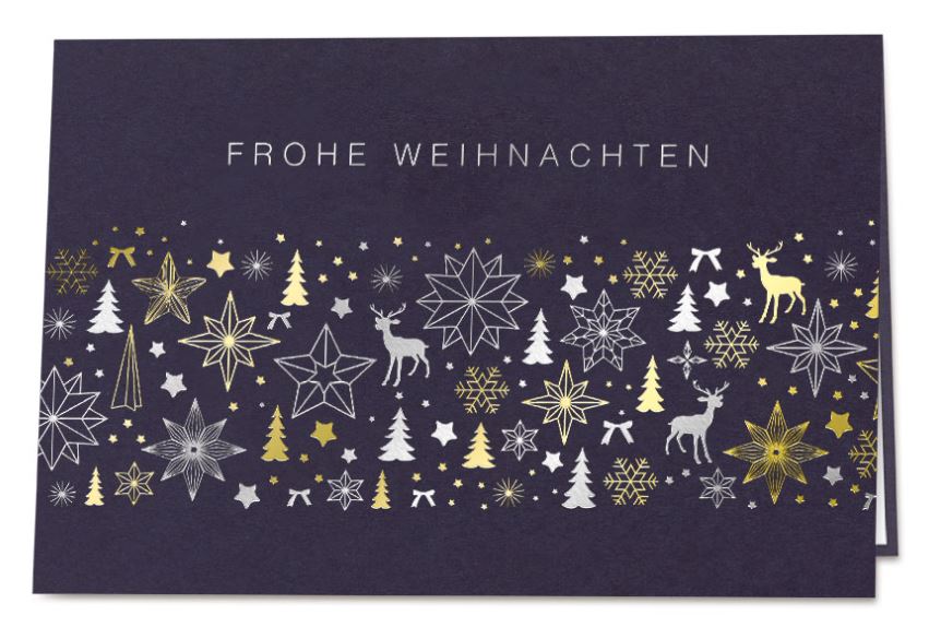 Dunkelblaue Weihnachtskarte mit Gold- und Silberfolienprägung und Gruß "Frohe Weihnachten"