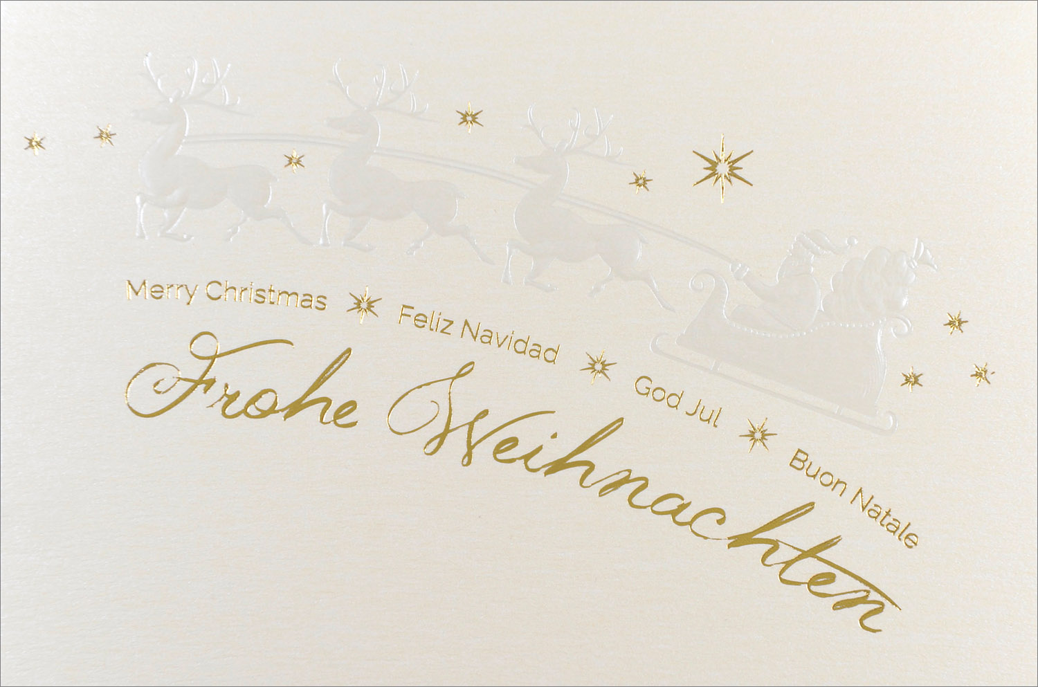 Weihnachtskarte creme mit Rentierschlitten und Goldfolienprägung international