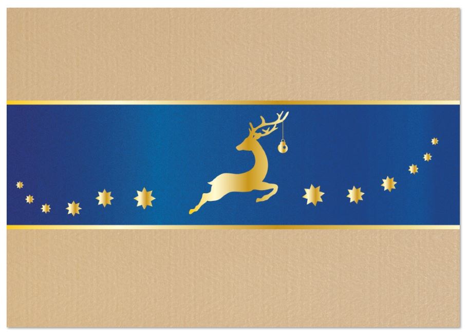 Sandfarbene Weihnachtskarte mit springendem Hirsch und Sternen in Goldprägung, inkl. Einlegeblatt innen