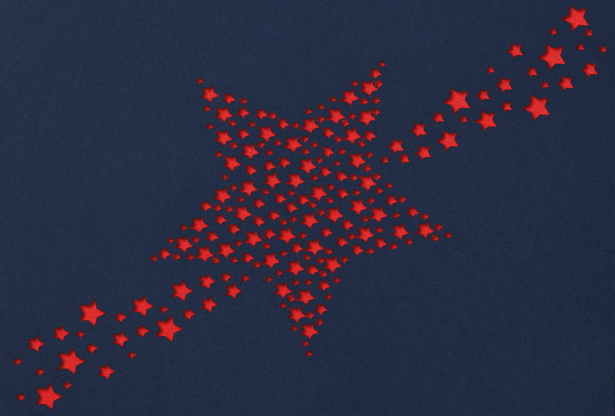 Dunkelblaue Weihnachtskarte mit rotem Falteinleger und unzähligen kleinen Sternen