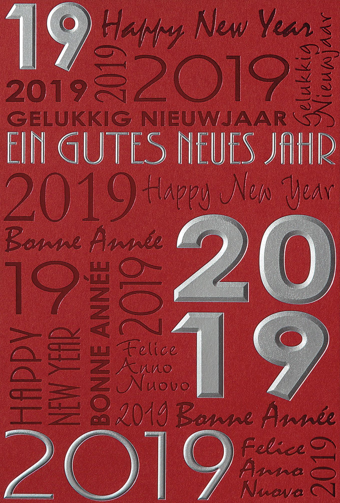 Moderne Neujahrskarte mit internationalen Neujahrsgrüßen und der Jahreszahl 2019