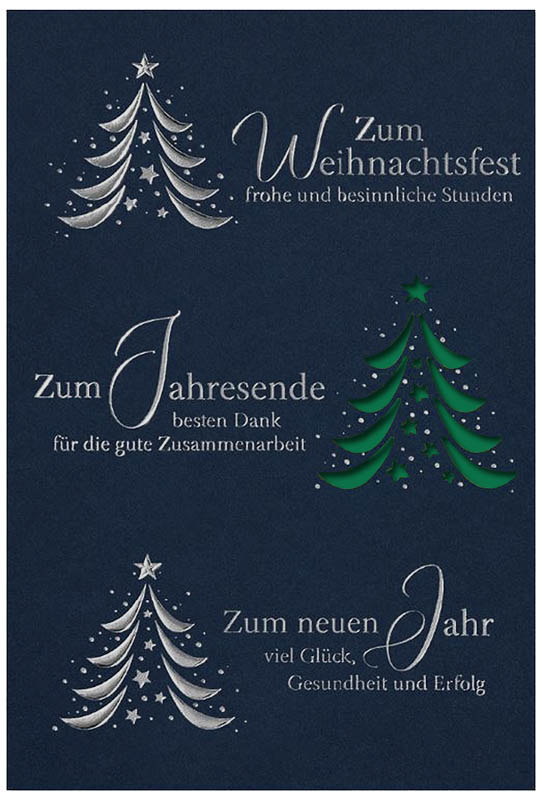 Firmen-Weihnachtskarte in blau mit Laserstanzung, Silberfoliendruck und Einleger in dunkelgrün