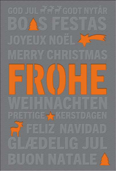 Anthrazitfarbene Weihnachtskarte mit internationalen Grüßen, Formstanzung und orangenem Einleger