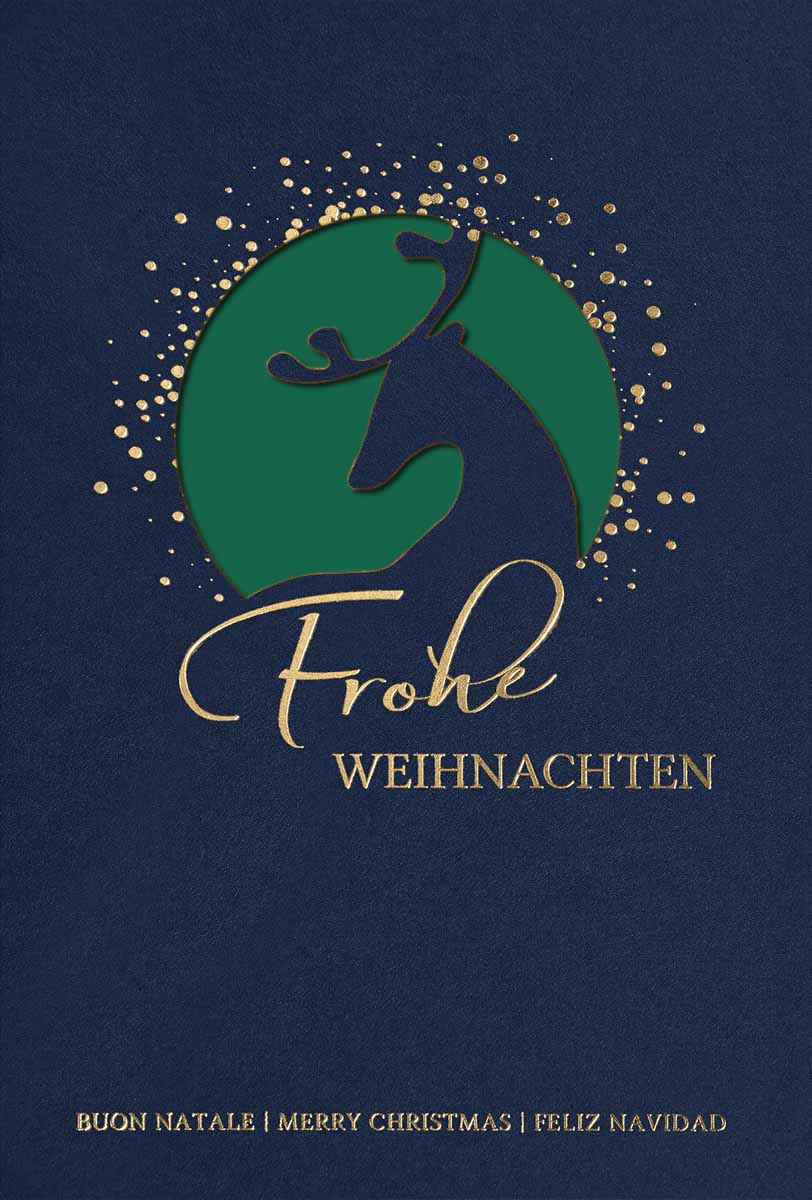 Exclusive Weihnachtskarte mit Stanzung und Goldfolienprägung sowie dunkelgrünem Einlegeblatt