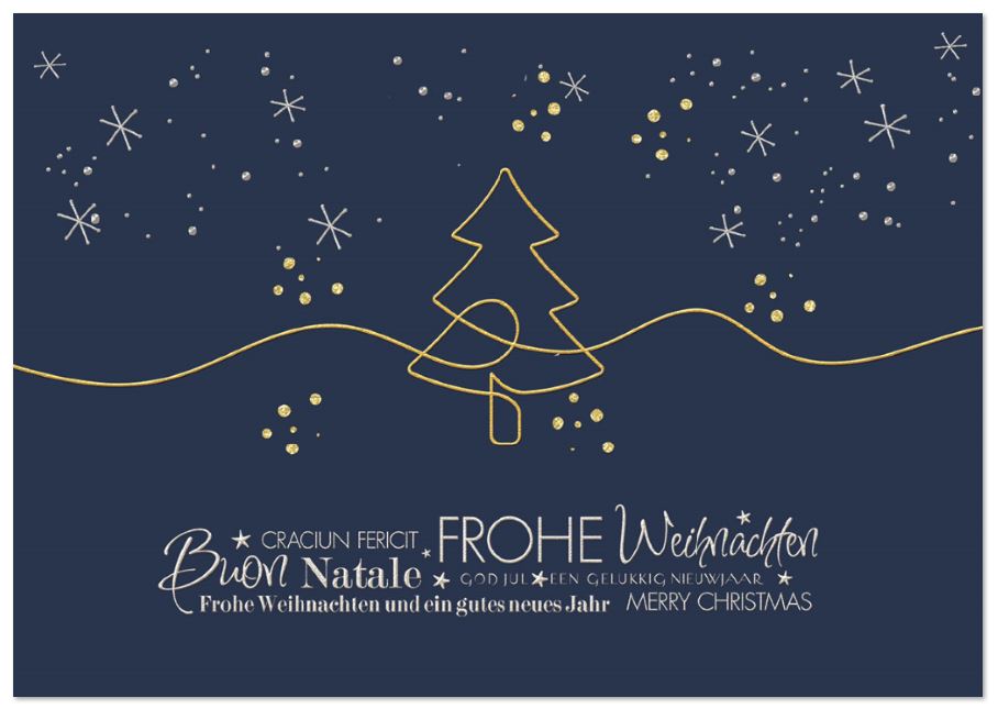 Elegante Weihnachtskarte in dunkelblau mit grafischem Weihnachtsbaum und internationalen Grüßen