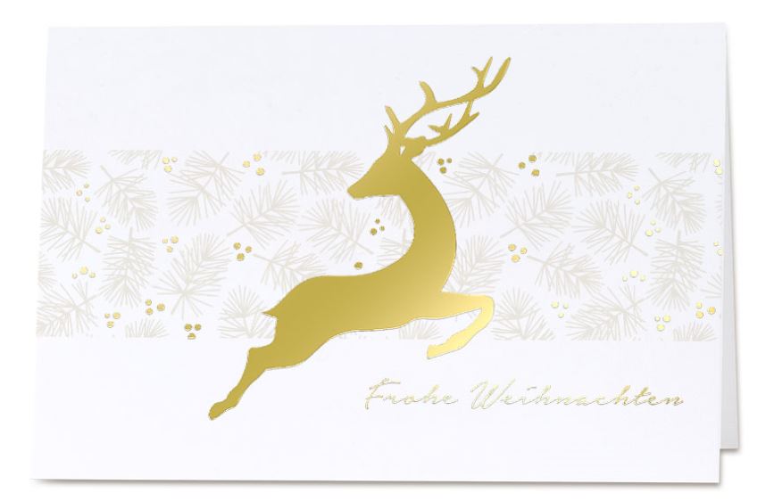 Weiße Weihnachtskarte mit "Frohe Weihnachten" und springendem, goldenen Hirsch