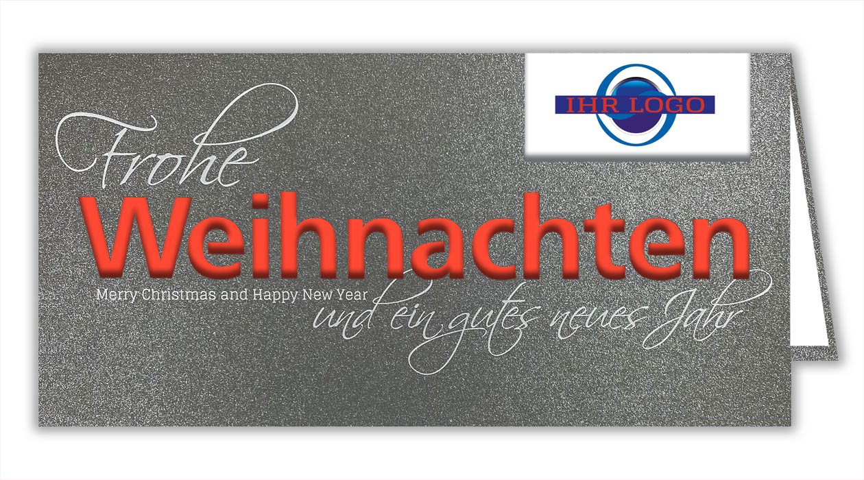 Anthrazitgraue Firmen-Logo Weihnachtskarte mit weißem und rotem Schriftzug