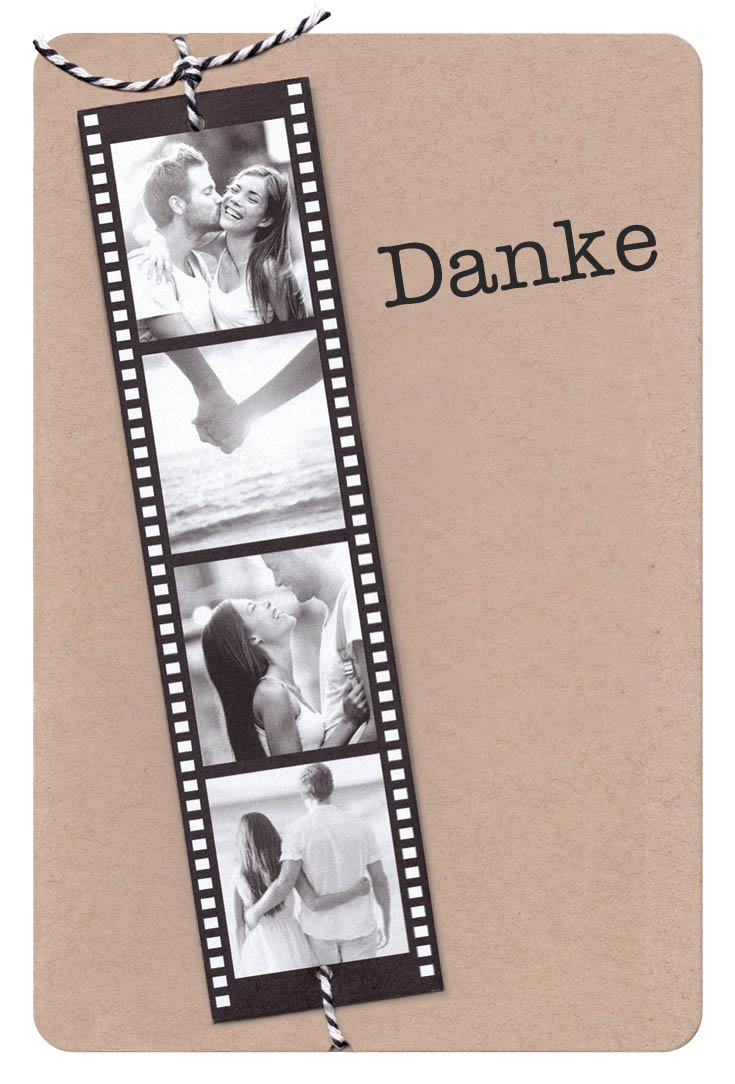 Danksagungskarte aus Kraftkarton, mit Filmstreifen für Fotos und Danke Schriftzug als Beispiel