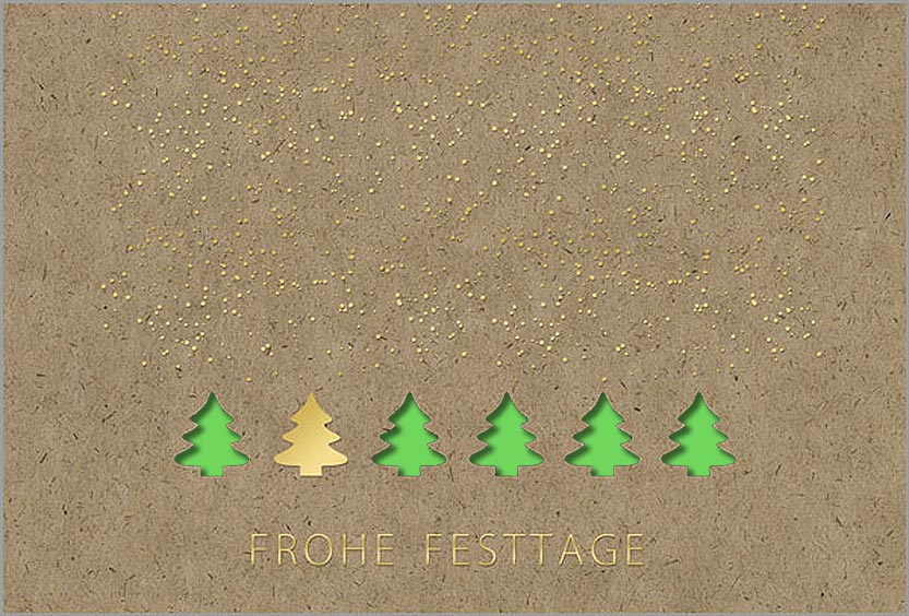 Naturbraune Laserweihnachtskarte mit Goldfolienprägung und Einlegeblatt in grün