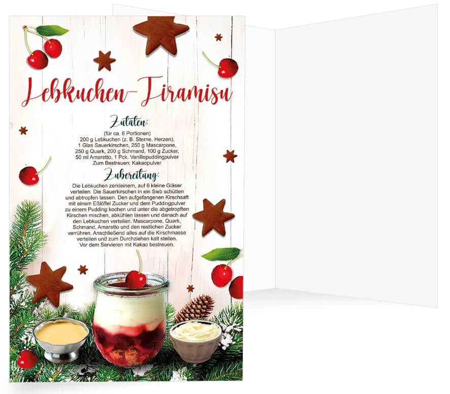 Weihnachts-Rezeptkarte für feines Lebkuchen-Tiramisu mit Zutatenliste und Rezept