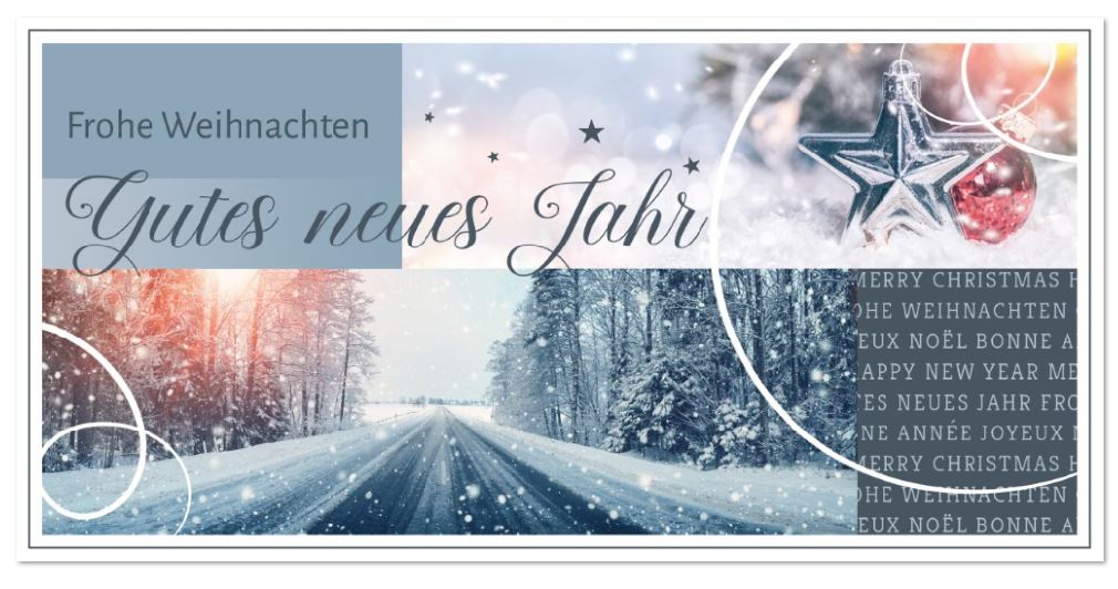 Winter-Weihnachtskarte mit internationalen Grüßen, verschneiter Landschaft, Stern und roter Kugel