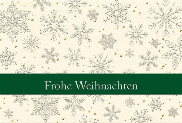 Cremeweiße Weihnachtskarte mit grüner Banderole und edler Blind- und Folienprägung