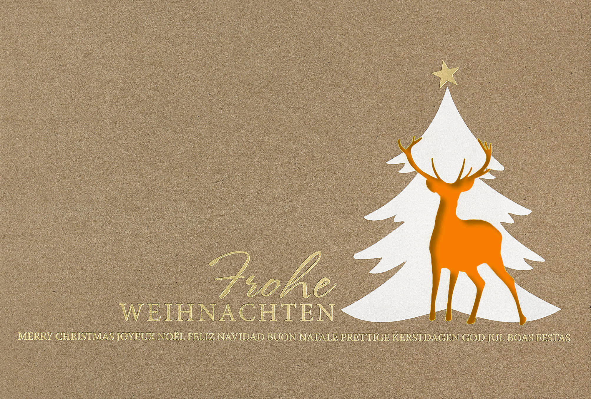 Naturbraune Stanz-Weihnachtskarte mit internationalen Weihnachtsgrüßen und orangenem Einleger