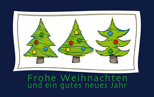 Spendenkarte zugunsten der Deutschen Kinderkrebsstiftung mit gemalten Weihnachtsbäumen und Kugeln