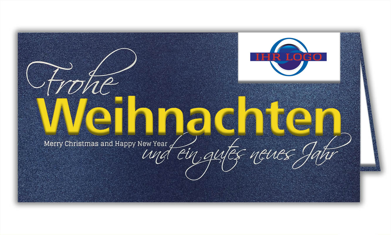 Dunkelblaue Weihnachtskarte mit Firmen-Logo Stanzung, weißem Schriftzug und gelb-/weißem Einlegeblatt