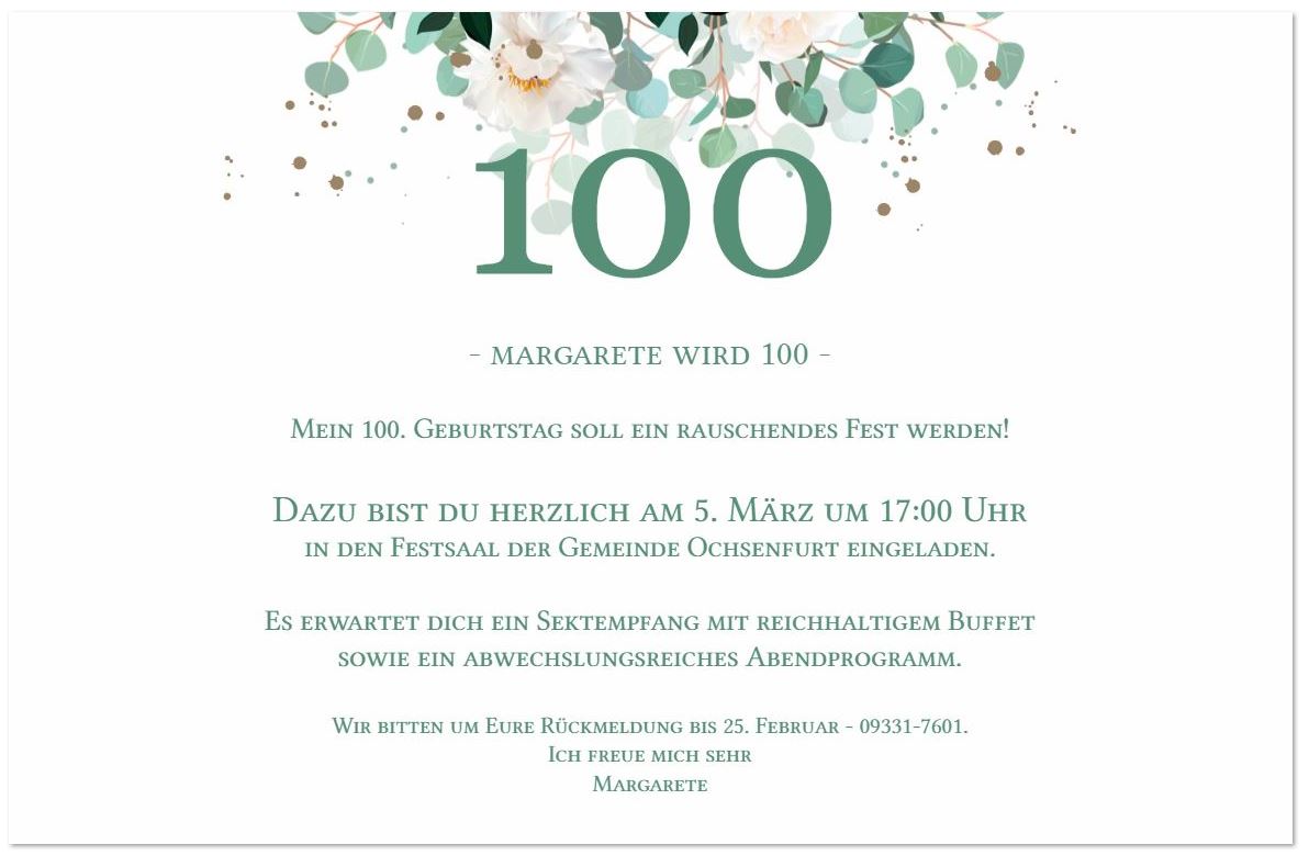 Festliche Einladungskarte zum 100. Geburtstag mit Goldfolienprägung und Blumendruck und Mustertext