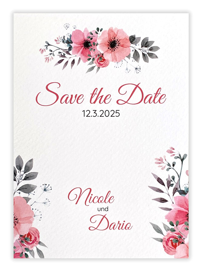 Florale Save the Date Karte mit rosafarbenen Aquarell-Print Blumenbouquet auf cremeweißem Aquarellkarton